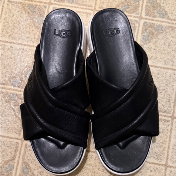 UGG Black Leather Platform Mules - Picture 1 of 7